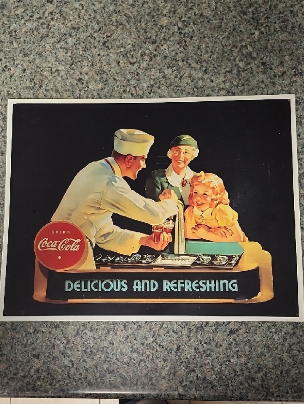 Vintage Tin Coca-Cola Retro Diner Poster in Black, Red, Cream